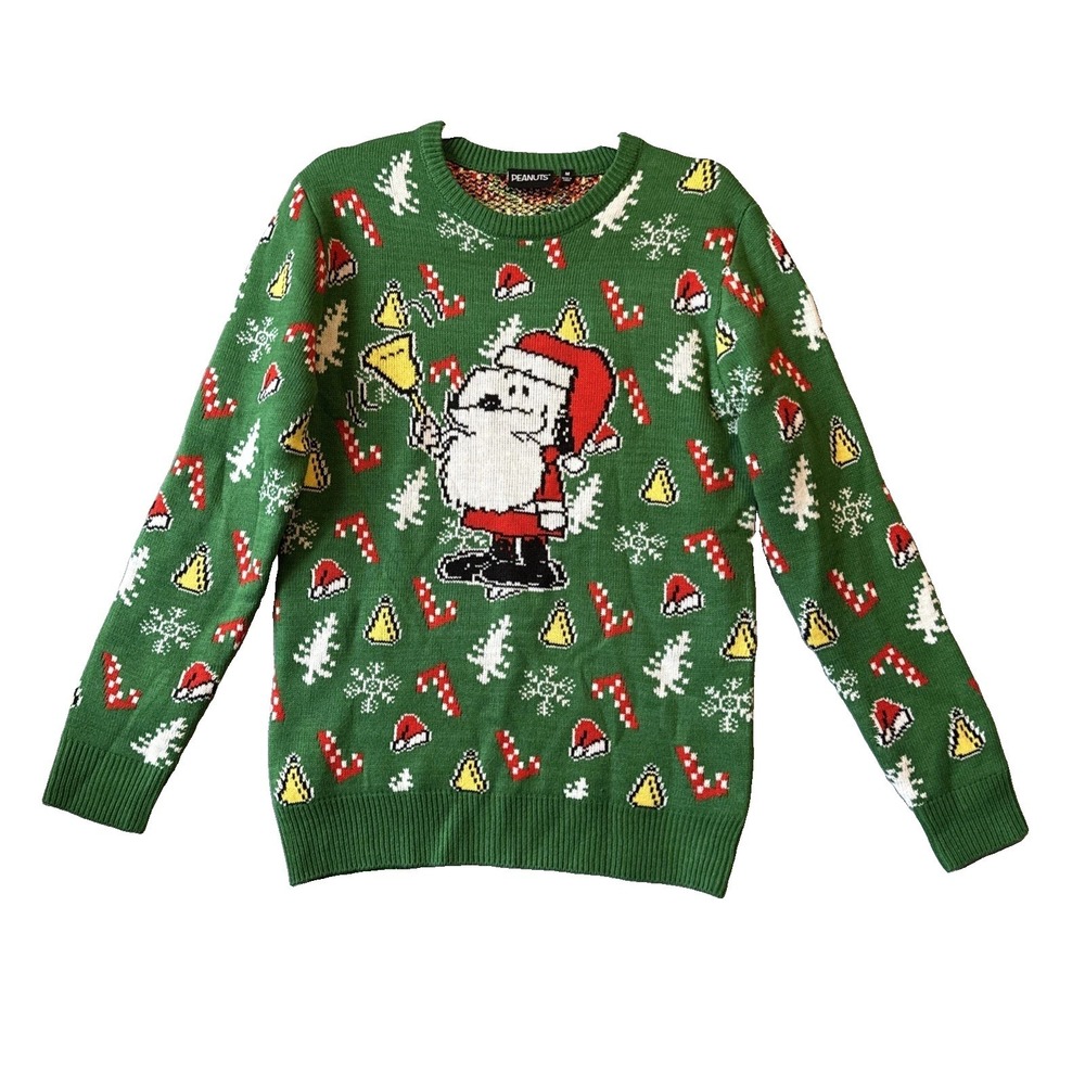 Peanuts Snoopy Ugly Christmas Sweater M Green Santa Bell Ringer Knit Holiday